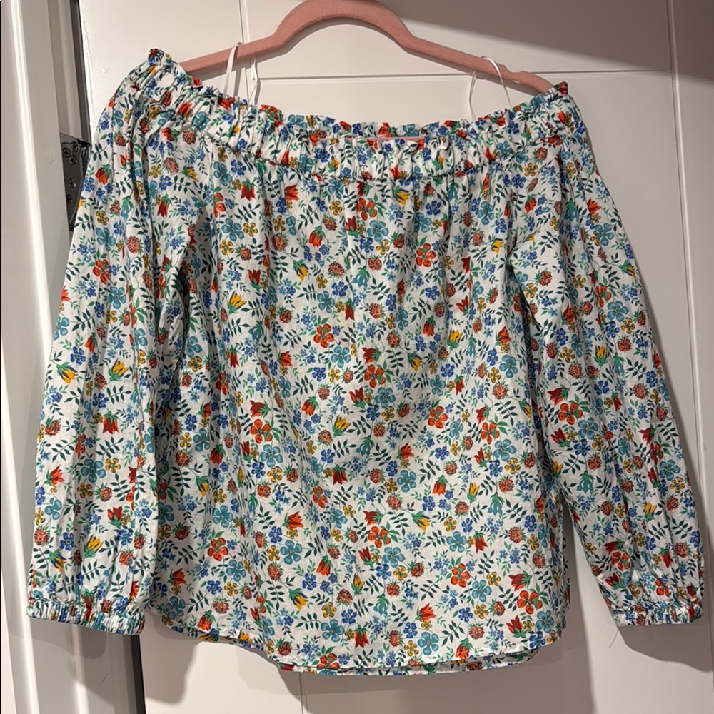 Liberty and J Crew collab! Blue and Orange Smocked 3/4 Sleeve Blouse-2